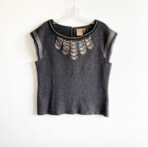 Tory Burch Charcoal Grey Wool Sequin Embellishments Silk Lined Top